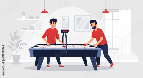 Two friends enjoy a game of air hockey together, showcasing leisure and friendship in a modern interior space