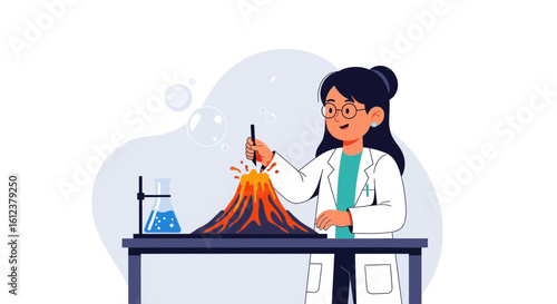Scientist demonstrating a volcanic eruption experiment in the laboratory for students, showcasing science education and learning