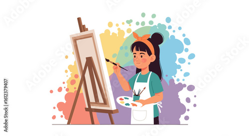 Young female artist painting on canvas in studio with colorful background