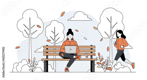 Woman working on laptop and another running in park during autumn season vector illustration design concept