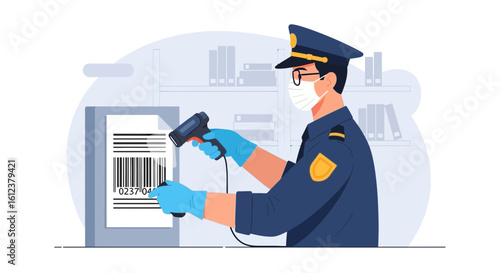 Security Officer Scanning Barcode With Handheld Device And Wearing Protective Gear