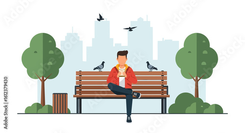 Urban Serenity Man Relaxes on Park Bench Cityscape Pigeons Flat Vector
