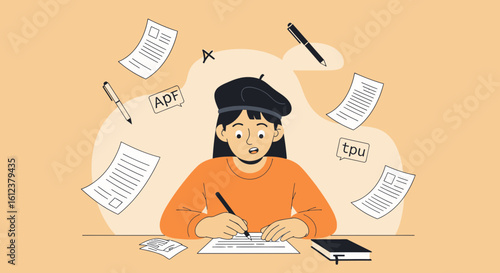 Woman Writer Struggling With Creative Process Surrounded by Flying Documents