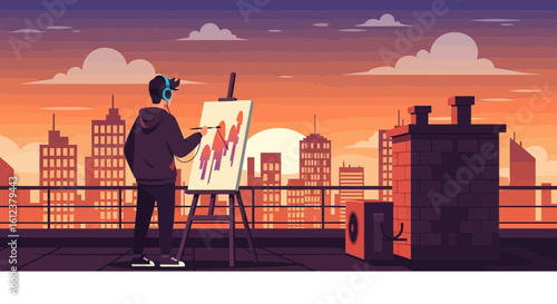 Urban Rooftop Artist At Sunset Painting Skyline In Creative Pursuit Concept