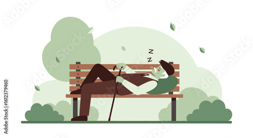 Senior Gentleman Napping Peacefully on a Park Bench in Gentle Afternoon Sunlight