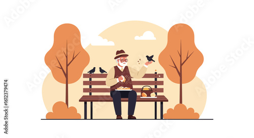 Senior Man Enjoying Retirement Feeding Birds On Park Bench In Autumn