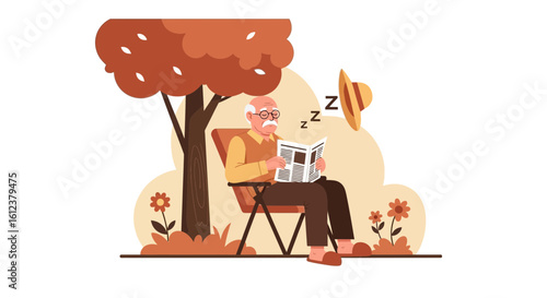 Senior Man Enjoying Peaceful Afternoon Nap Under Tree with Newspaper