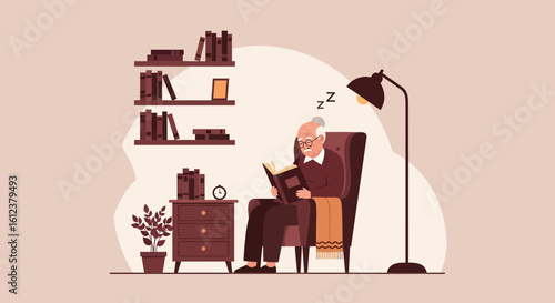 Senior Man Falling Asleep While Reading A Book In Comfortable Armchair