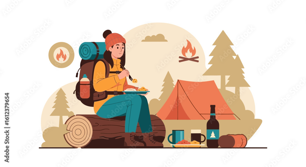 Naklejka premium Serene Camping Scene Woman Enjoys Meal Amidst Nature's Tranquility