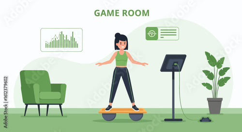 Vector illustration of woman using balance board in the game room for rehabilitation therapy and balance exercises