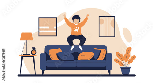 Vector illustration showing a child jumping on a couch in a cozy living room setting