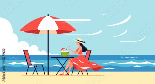Serene Beachside Escape Woman Enjoying Tropical Drink Relaxing Vacation