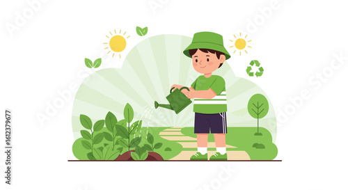 Young Gardener Watering Plants In Eco-Friendly Illustration Gardening Concept