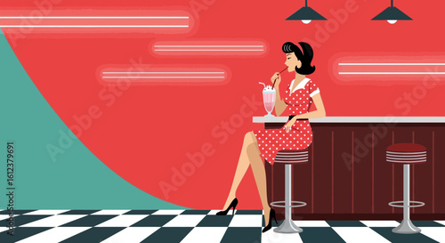 Vintage Diner Scene With Woman Sipping Milkshake at Counter Illustration