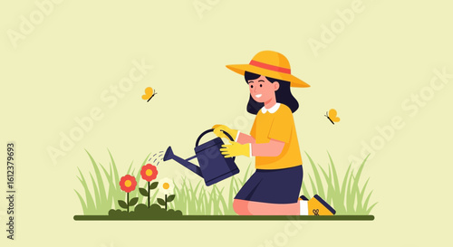 Young Gardener Tending Flowers In Outdoor Illustration In Summer Sunlight