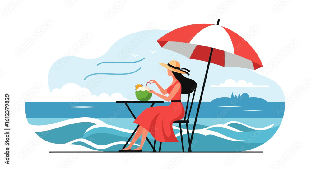 Fototapeta premium Serene Vacation Escape Woman Relaxing with Coconut Drink on Sandy Beach