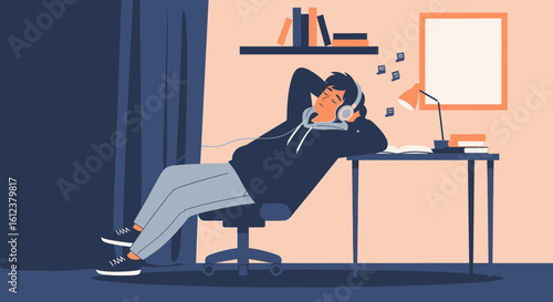 Serene Relaxation: Young Man Relaxes In Chair Listening Music At Home