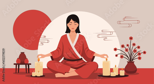 Serene Woman In Kimono Meditating With Candles In Tranquil Oriental Setting