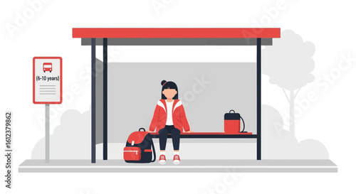 Waiting At The Bus Stop A Young Student In A Red Jacket Sits Patiently