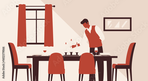 Waiter Pours Red Wine In Elegant Dining Setting For Celebration Event