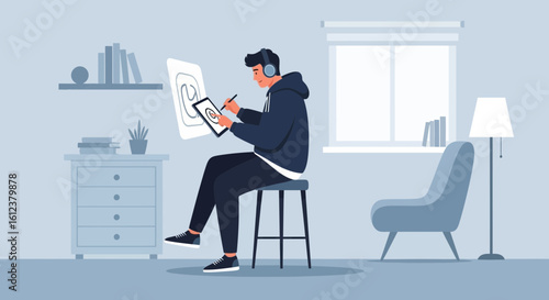 Young Artist Creating Digital Art At Home With Graphic Tablet And Stylus