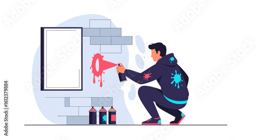 Young Artist Creating Graffiti On A Brick Wall In A Creative Space