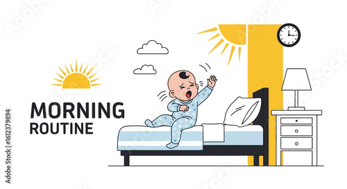 Waking Up A Baby Illustration In The Morning With Sunrise Cartoonish Style