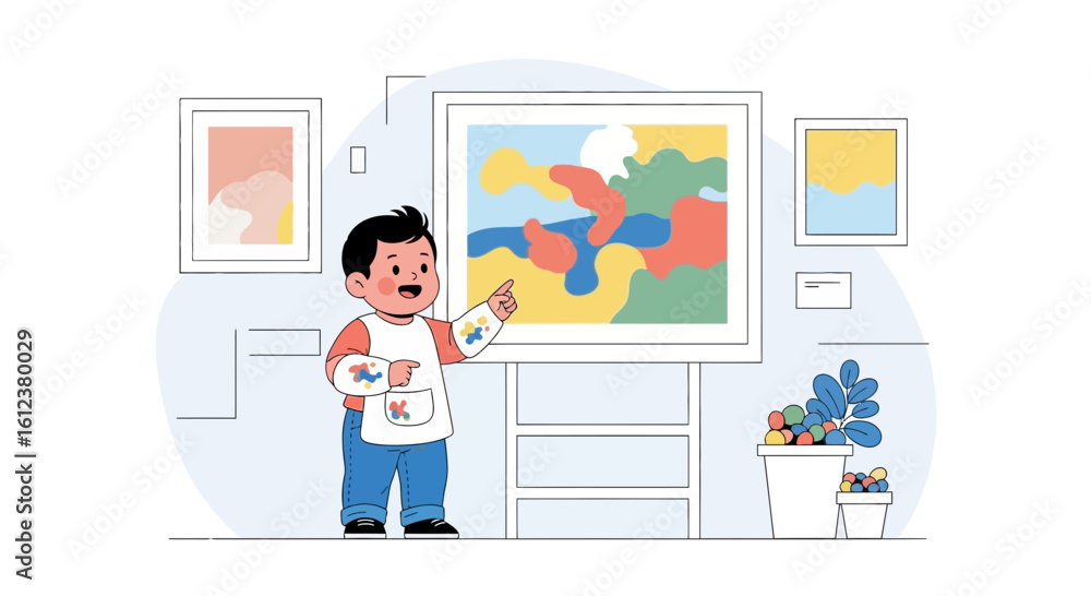 Fototapeta premium Young Artist Expressing Creativity in Modern Art Exhibition Gallery Visit