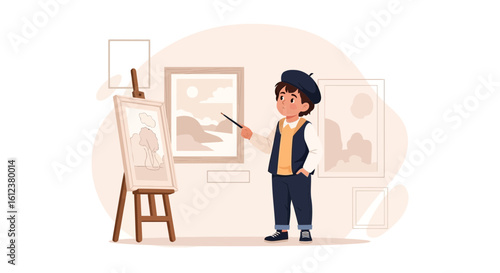 Young Artist Explains His Creative Vision In An Art Gallery Illustration