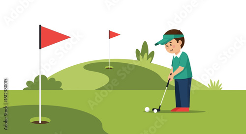 Young Golfer Concentrating On His Game On A Beautifully Manicured Golf Course