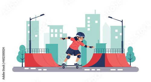 Skateboarder Girl Performing Tricks On Skatepark With Cityscape In The Background