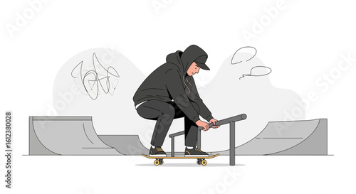 Skateboarder Performing Rail Stand In An Urban Skatepark With Minimalist Style