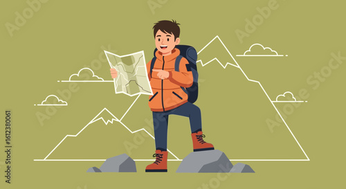 Young Hiker Consulting Map On Peak During Outdoor Adventure Illustration