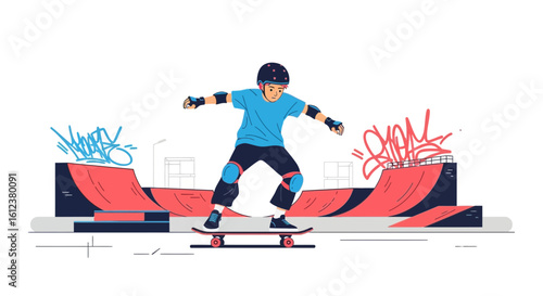 Skateboarding adventure at the park: Boy enjoying the ramps with helmet and protective gear safely skating doing new tricks outdoor