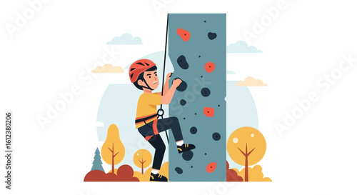 Young Man Attempting an Indoor Rock Wall Climb Outdoor Adventure Illustration