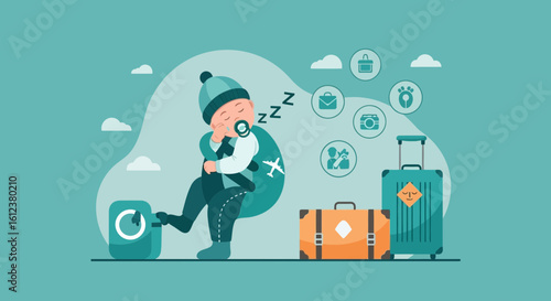 Sleeping baby traveler with luggage, representing family travel concept vector art, vector graphic and tourism journey adventure