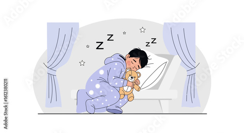Sleeping Boy Dreamily Hugging A Teddy Bear Peacefully In A Cute Night Scene