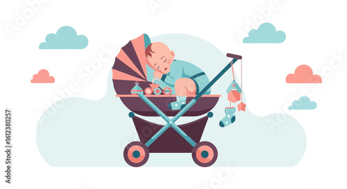 Sleeping Child In Pram Flat Design Illustration Dreamy Cloud Backdrop