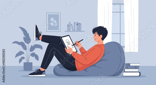 Young Man Digitally Drawing Illustration On Tablet Relaxing On Beanbag At Home