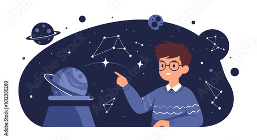 Young Astronomer Exploring Universe Planets And Constellations In Space