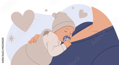 Sleeping Newborn In Mother’s Embrace With Hearts And Stars In The Background