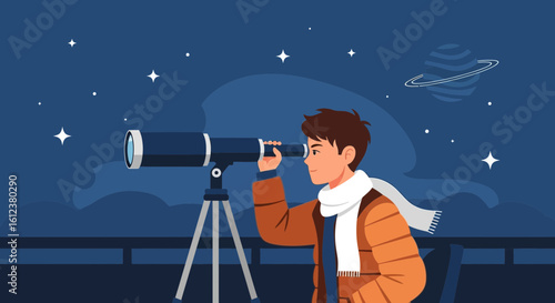 Young Astronomer Observing The Night Sky With Telescope Vector Illustration