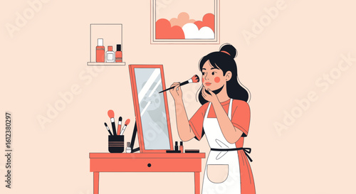 Woman Applying Makeup In Front Of Mirror In The Room Illustration