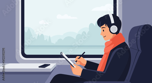 Young Man Engaged in Creative Writing While Travelling on Train Journey