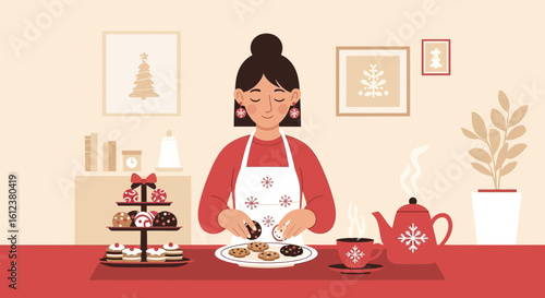 Woman Baking Holiday Cookies And Drinking Tea At Home During Christmas Time