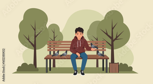 Young Man Enjoys A Peaceful Moment Feeding Pigeons In The Tranquil Park