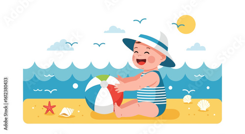 Smiling Baby Enjoys Sunny Summer Day Playing With Beach Ball On Vacation