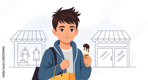Young Man Enjoys Ice Cream After Shopping Trip Downtown on Weekend
