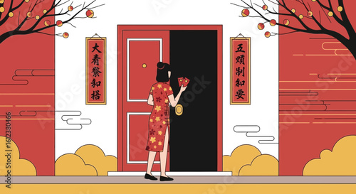 Woman Bringing Good Fortune With Lucky Red Envelopes For Chinese New Year