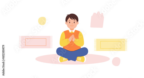 Smiling Boy Meditating Sitting Cross Legged Peacefully on a Carpet